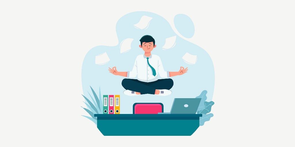 A corporate employee doing yoga