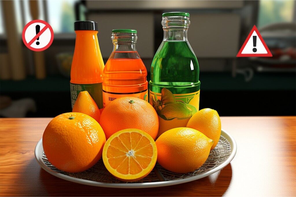 Dental Care Mistakes You Didn’t Know You Were Making 7 A display of enamel damaging foods and drinks sodas pickles citrus fruits with warning symbols