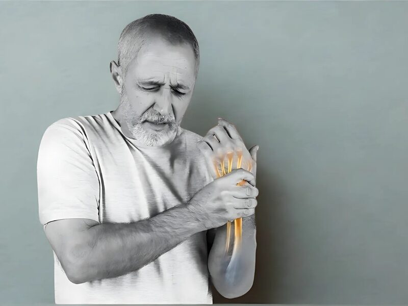 Best 5 Ways to Get Vitamin D Without Excessive Sunlight 1 An old man holding his right wrist with painfull expression on a greyish background