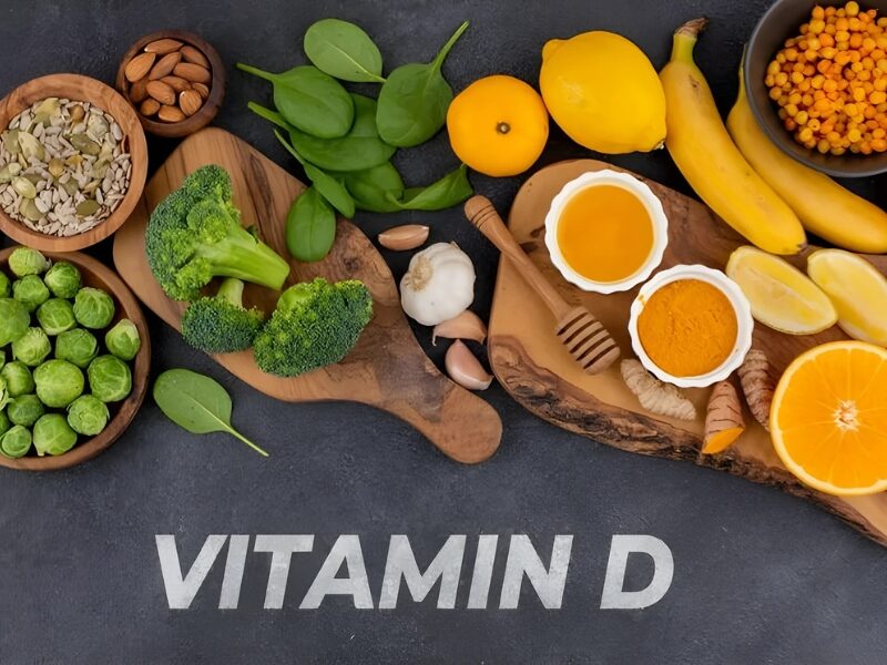 Best 5 Ways to Get Vitamin D Without Excessive Sunlight 2 A picture of brocolli orange banana lime leaves all placed on a table and Vitamin D written on the foreground