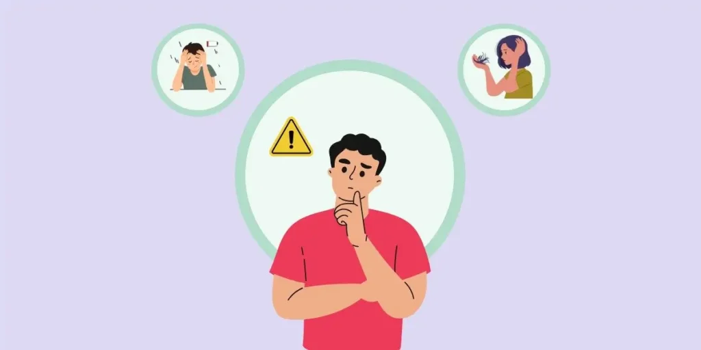Confused man thinking about symptoms and causes of Vitamin B12 deficiency, including fatigue and low energy and hair loss.