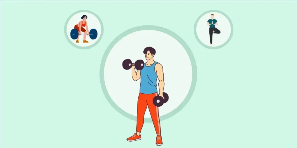 Illustration of a person lifting dumbbells, with smaller circles showing a woman lifting weights and a person doing yoga