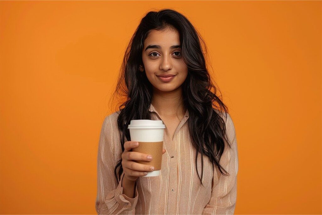 How much caffeine is too much? 4 Person smiling widely with coffee cup in hand