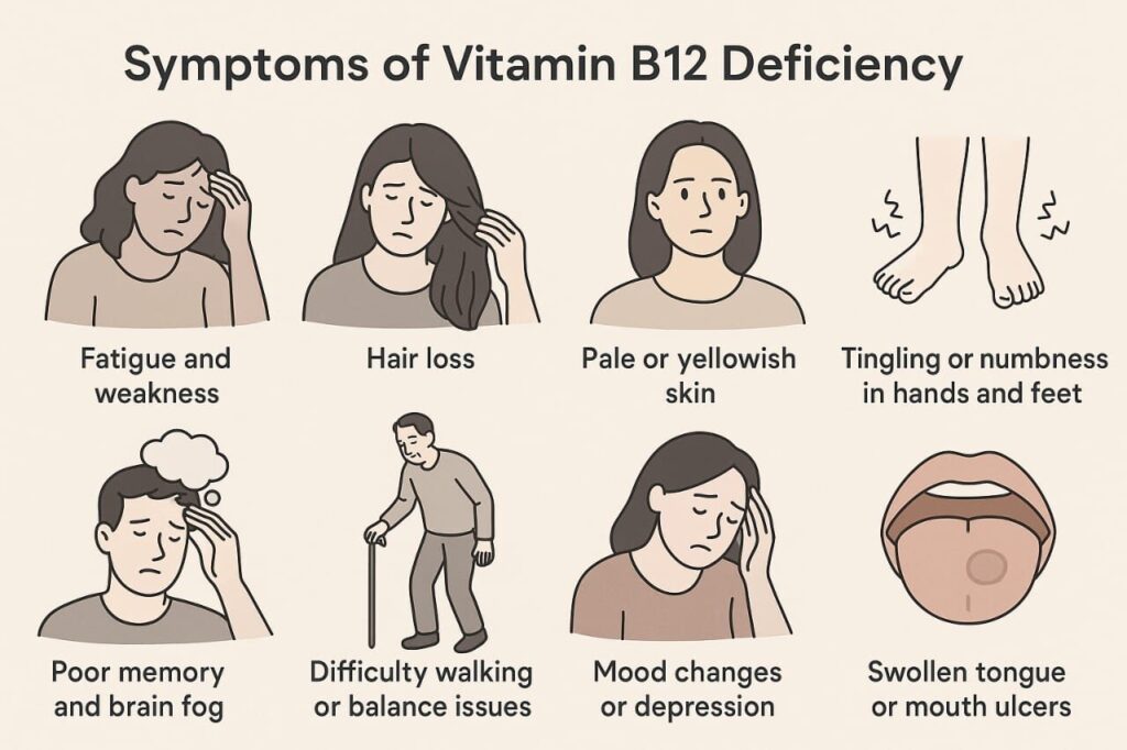 Symptoms of Vitamin B12 deficiency including fatigue, hair loss, pale skin, tingling in hands and feet, brain fog, mood changes, and swollen tongue.
