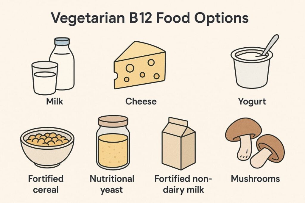 Vegetarian Vitamin B12 food sources including milk, cheese, yogurt, fortified cereal, nutritional yeast, non-dairy milk, and mushrooms.