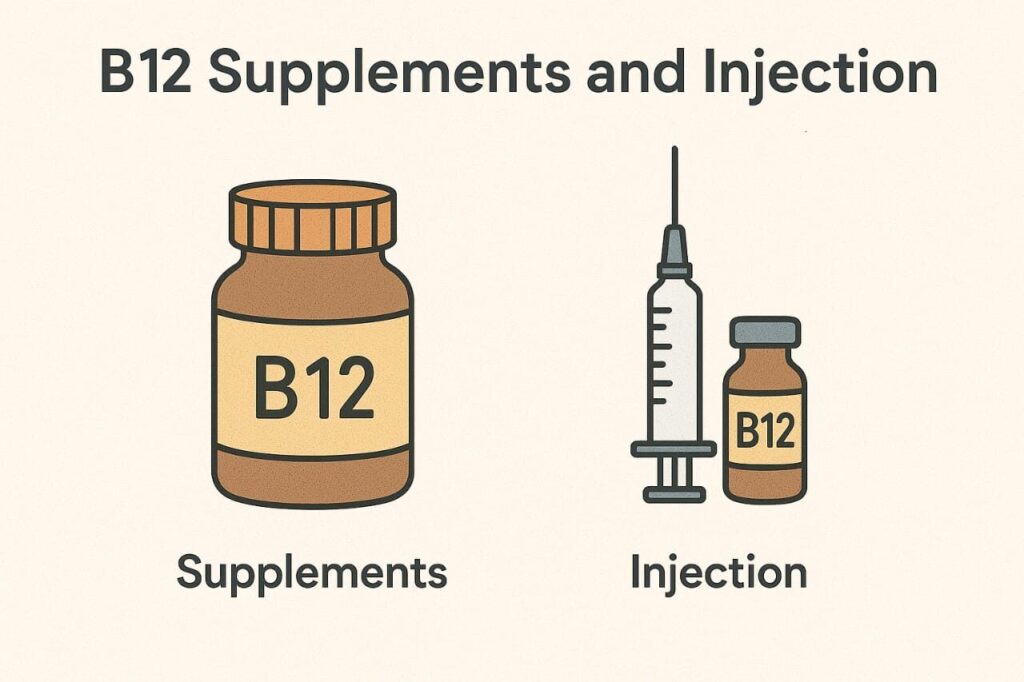 Vitamin B12 supplements and Vitamin B12 injection options for treating Vitamin B12 deficiency.