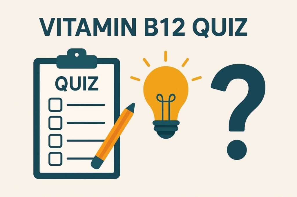 Vitamin B12 quiz graphic with question marks.