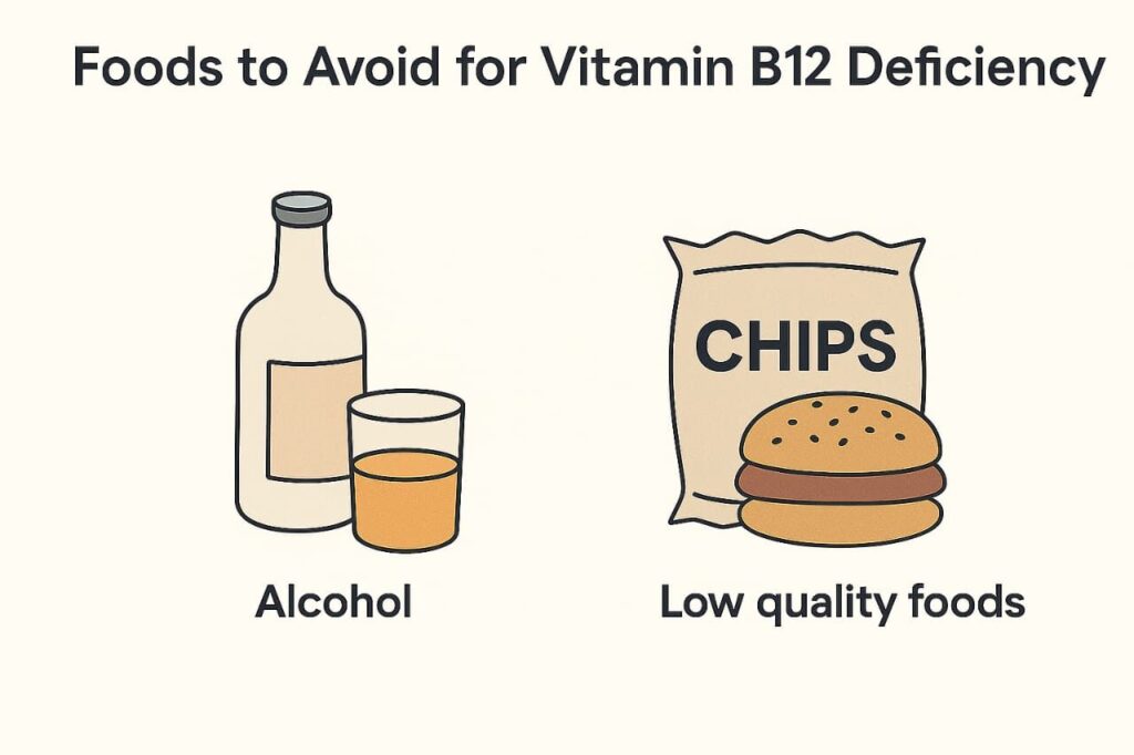 Foods to avoid for Vitamin B12 deficiency including alcohol and low-quality processed foods.