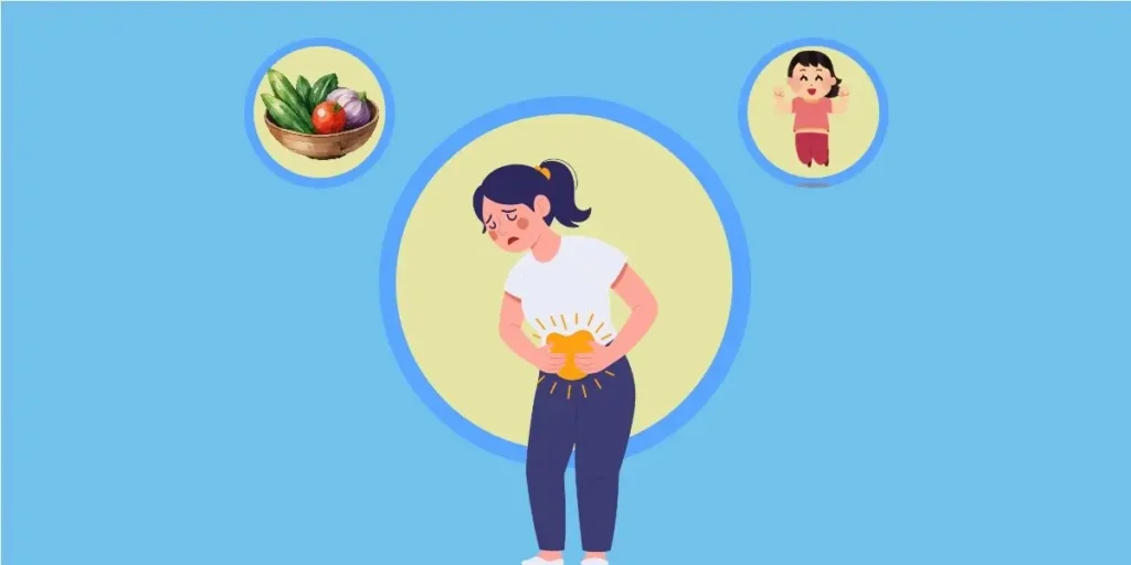 Illustration of a girl Suffering from PMS with treatment shown above