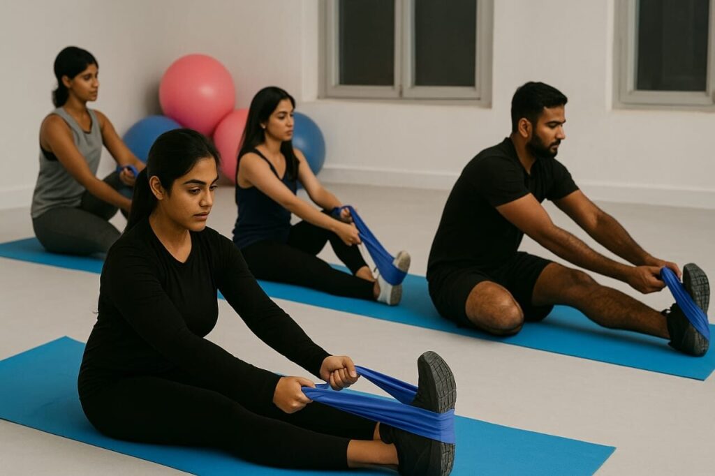 Is Walking Enough? Why Strength Training Completes Fitness 12 Group of people performing resistance band stretches to improve strength and flexibility