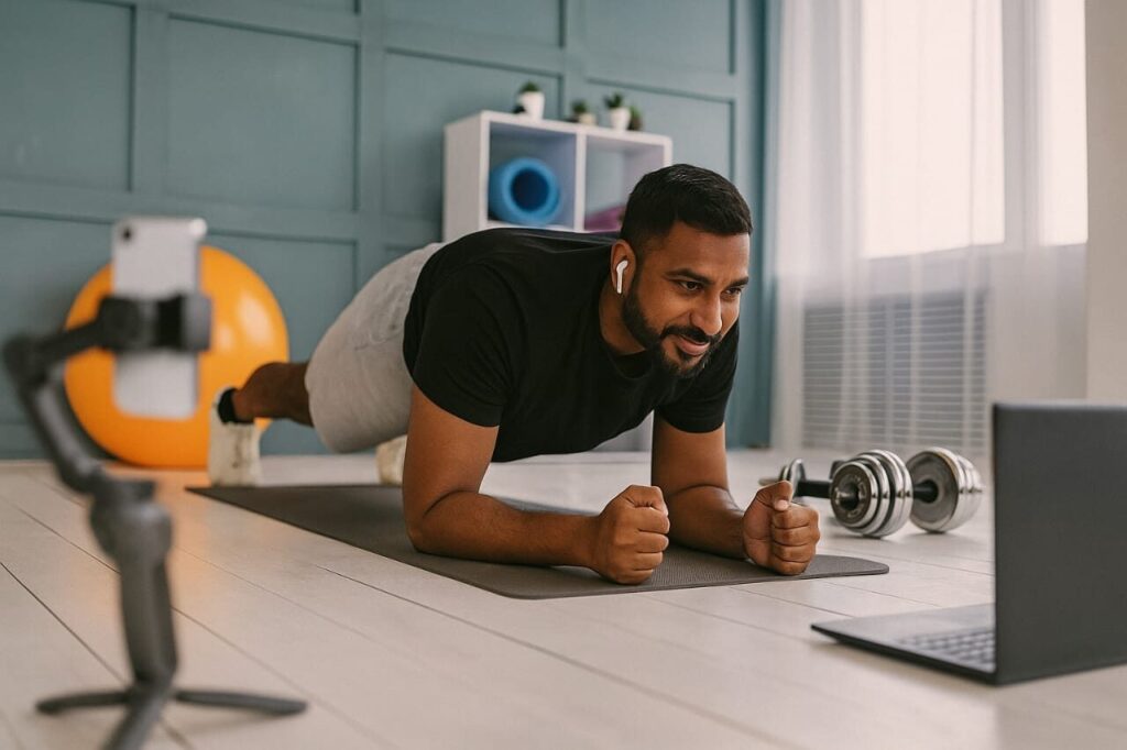 Is Walking Enough? Why Strength Training Completes Fitness 13 Man in plank position at home following an online strength training class with dumbbells nearby