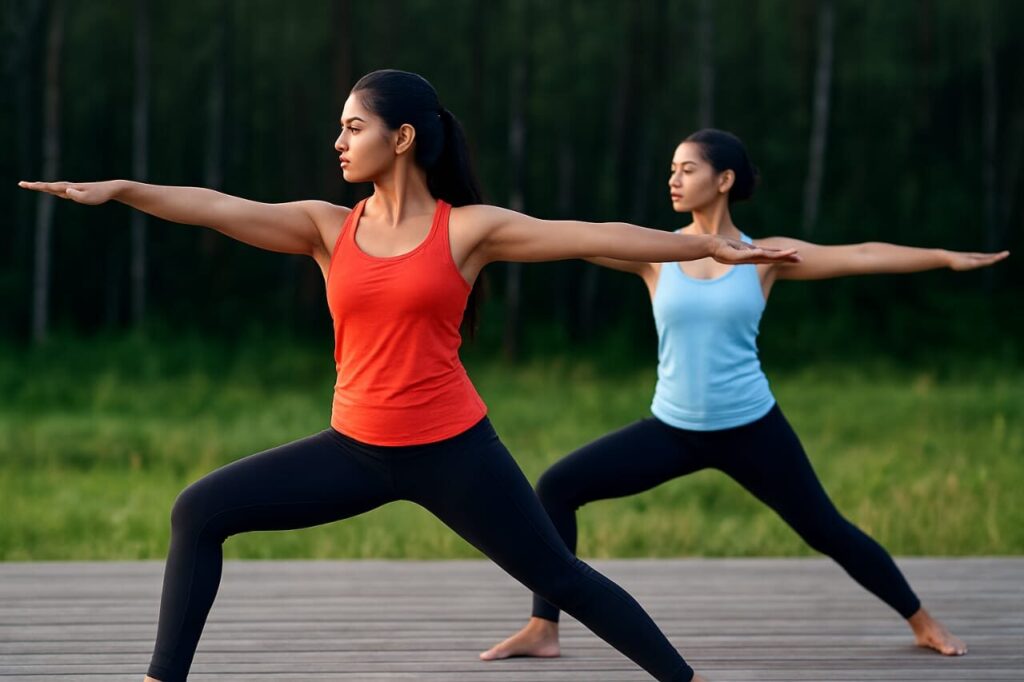 Is Walking Enough? Why Strength Training Completes Fitness 14 Two women practicing Trikonasana (triangle pose) in a garden, combining yoga with strength training benefits