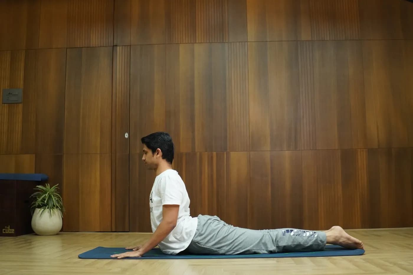 Person practicing Bhujangasana cobra pose backbend