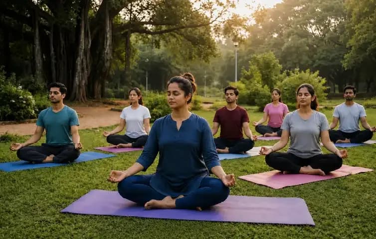 Group of beginners practicing yoga outdoors