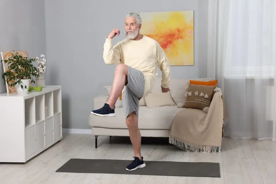 Senior man exercising in his living room