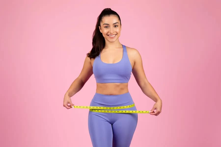 Smiling woman measuring her waist with a tape measure to track weight loss progress