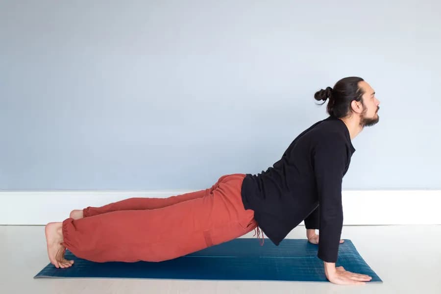 Person holding Chaturanga Asana (Four-Limbed Staff Pose) with elbows bent to 90 degrees