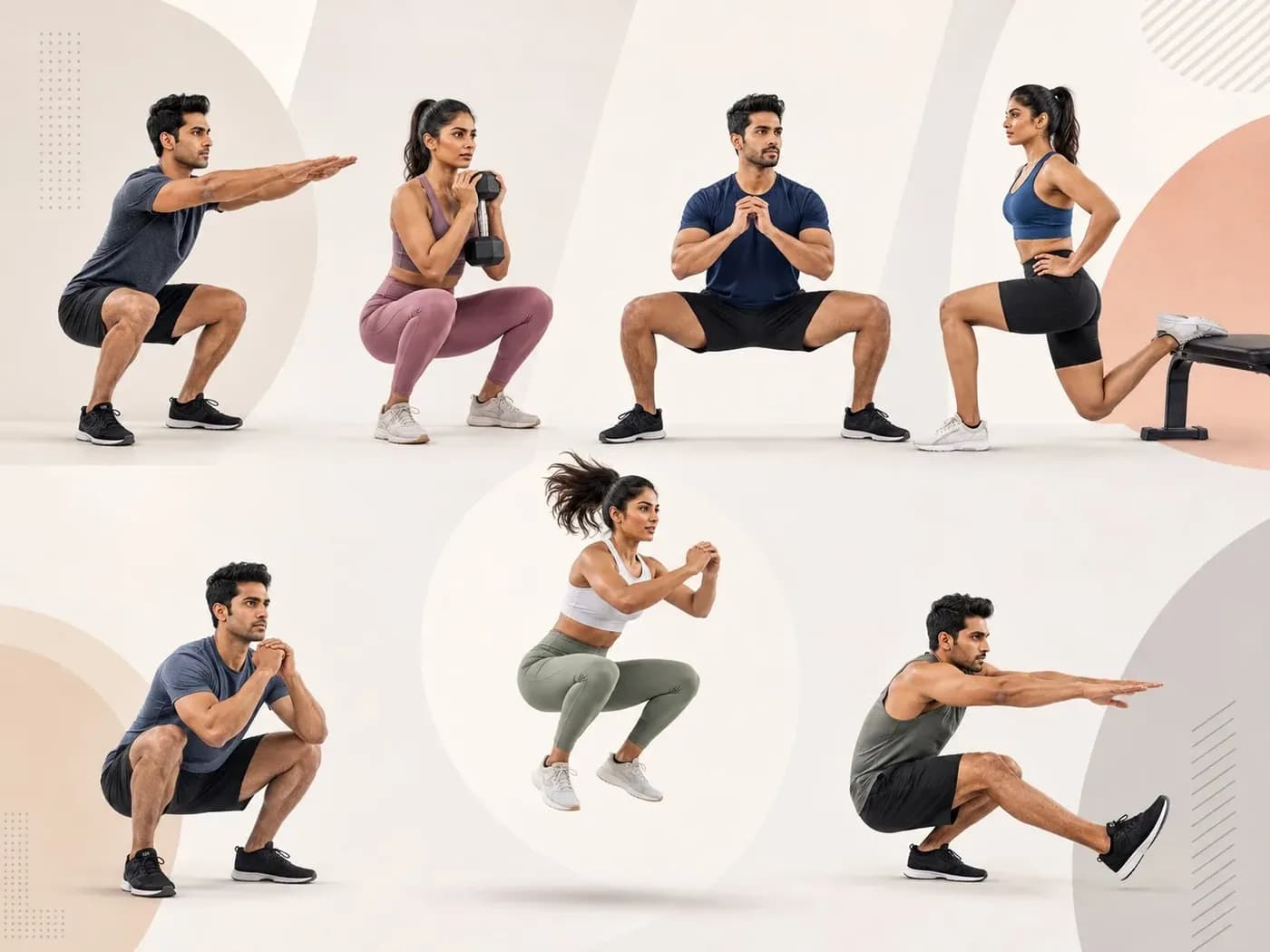 Illustration of different squat exercise variations
