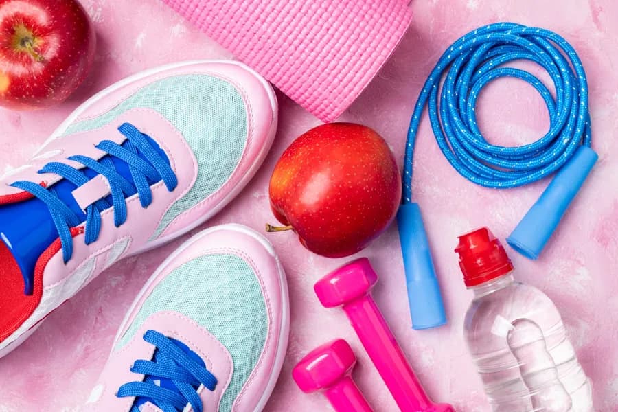 Fitness equipment laid out for a beginner home fitness routine