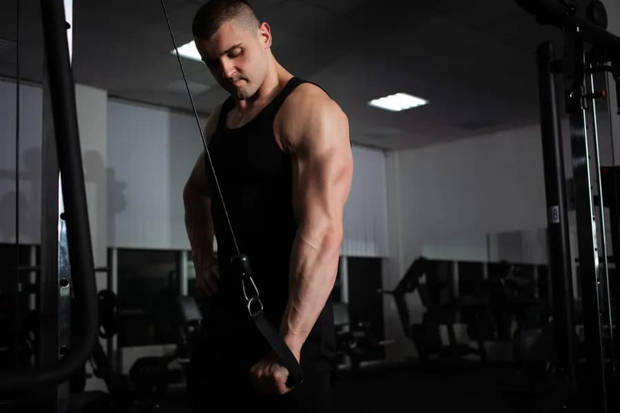 Muscular man performing a tricep extension exercise during a strength training session