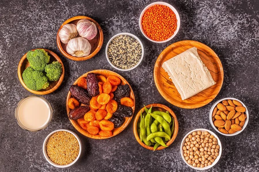 Assortment of healthy vegan food ingredients for building muscle