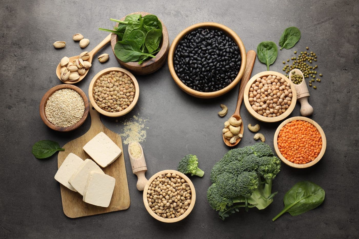 Flat lay of plant-based protein foods: dal, paneer, sprouts, nuts and seeds