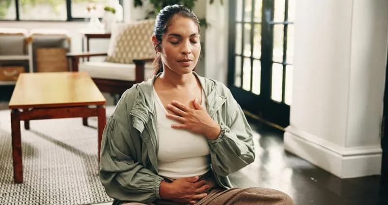 serene woman practicing mindful breathing exercise 2026 06 09 18 25 07 utc