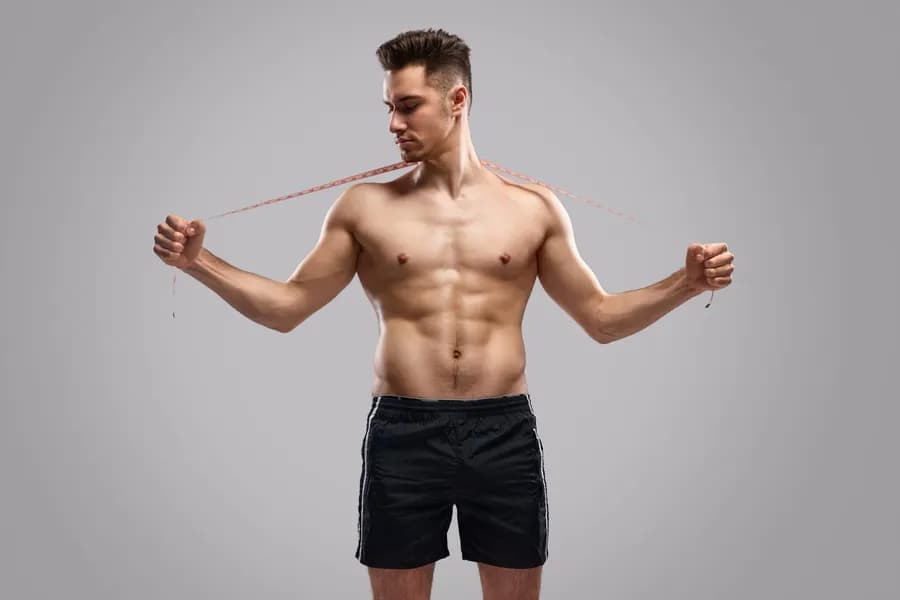 Shirtless man measuring his waist with a tape measure to track fat loss progress